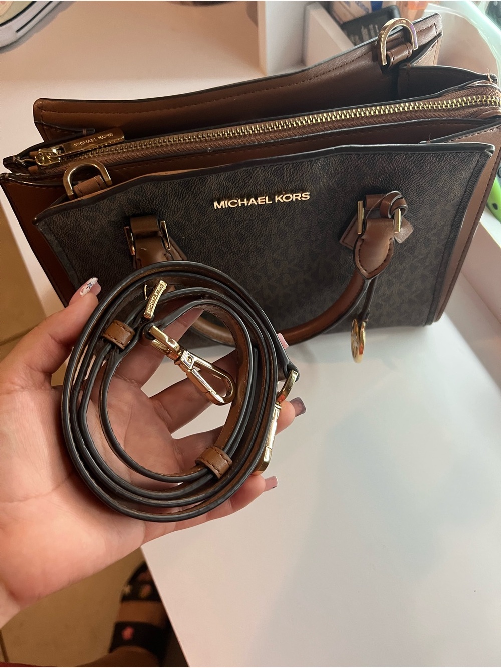Michael Kors Brown & Dark Brown Leather Messenger Bag with Gold Hardware